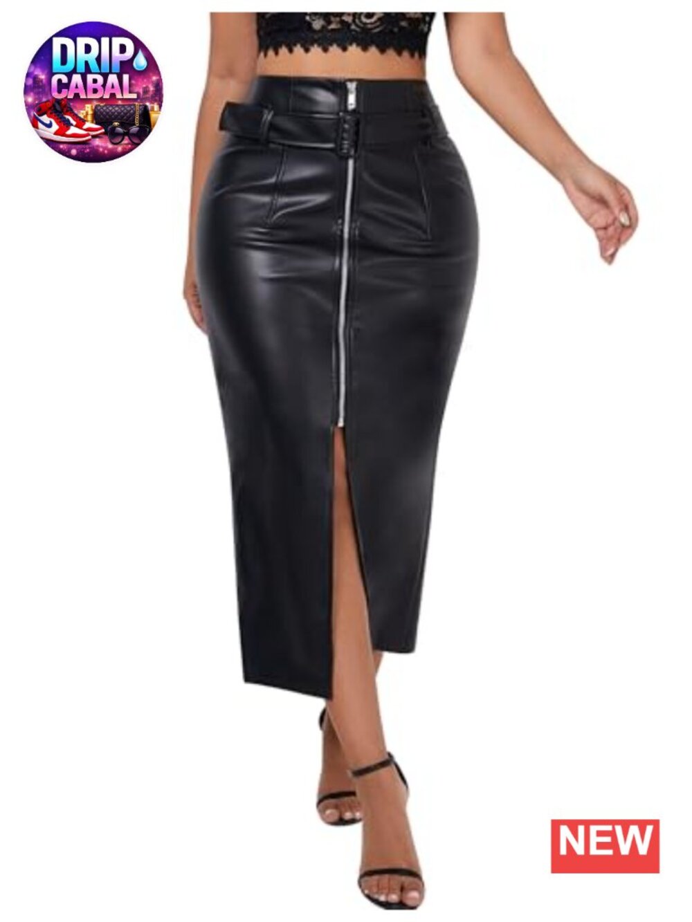 High Waist PU Leather Midi Skirt with Belt & Slit, Zip Fly